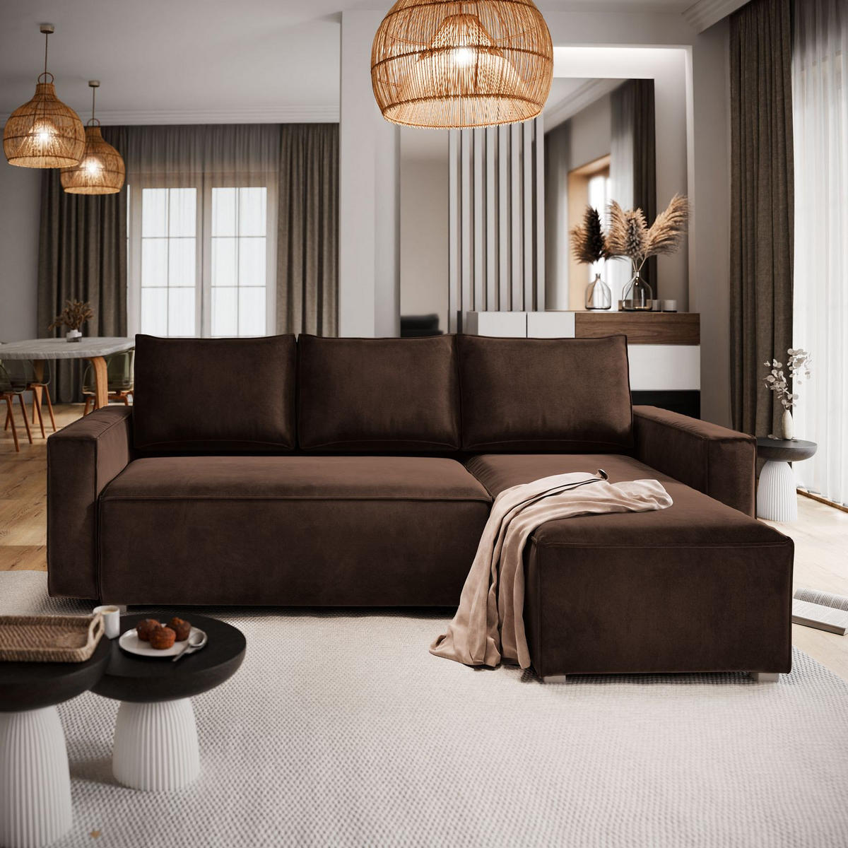 ECKSOFA SILES Braun Velours-Stoff mit Schlaffunktion - Braun, Holz (230/140cm) - MASSENO