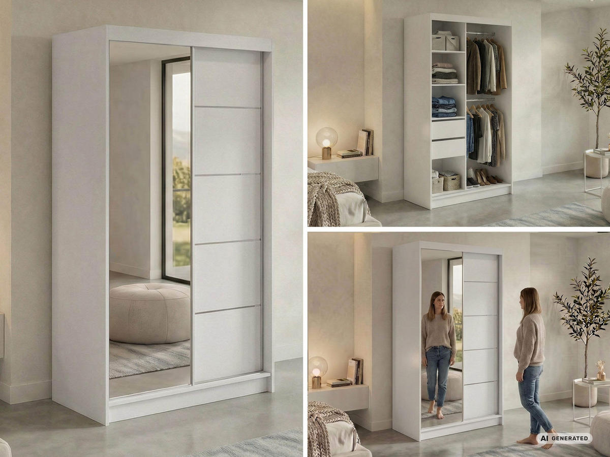 SCHWEBETÜRENSCHRANK mit Schubladen 120 - SKORIA - Weiß mit Spiegel - Alufarben/Weiß, Holzwerkstoff/Metall (120/216/61cm) - MKS