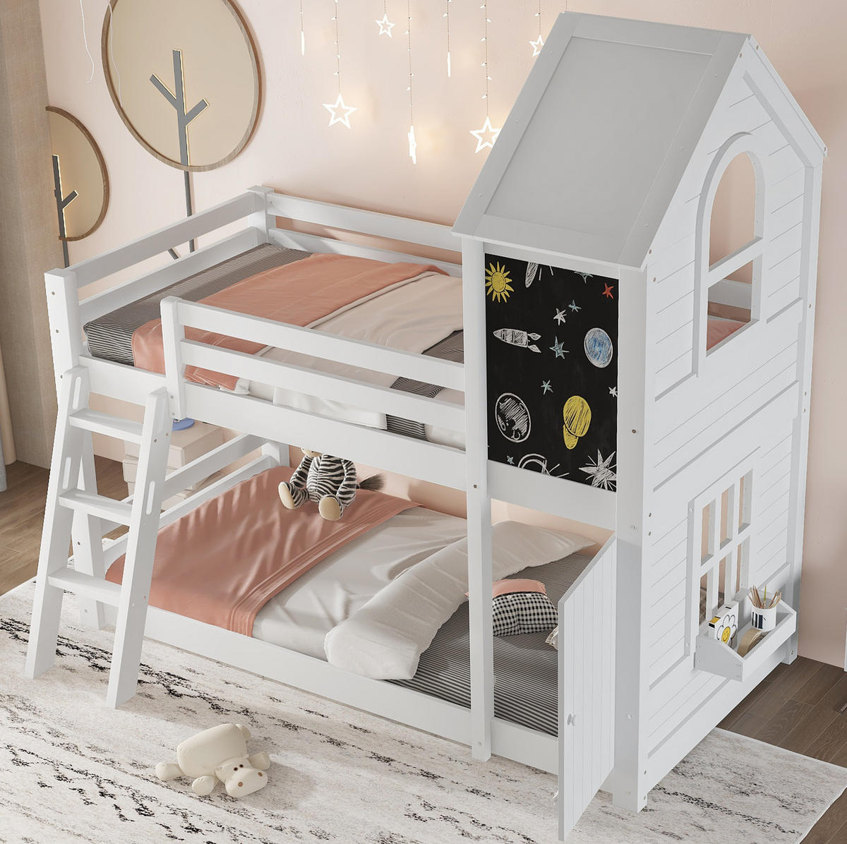 ETAGENBETT aus Kiefer und MDF 90x200 cm Weiß mit Tafel, kleiner Tür, Dach und schräger Leiter - Weiß, Holzwerkstoff (90/200cm) - Modfu