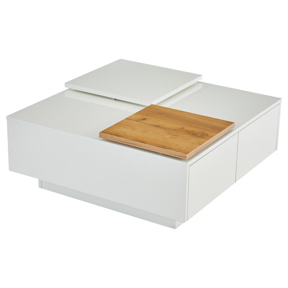 COUCHTISCH 75x75cm Weiß Hochglanz Quadratisch Holzoptik Einschiebeplatte 30kg - Weiß, Holz (85.85/85.85/13.97cm) - FLIEKS