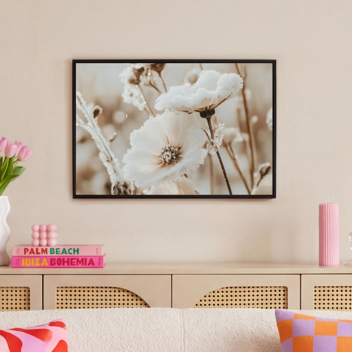 LEINWAND Bilder mit Rahmen - Blumen - Winter - Weiß - Schnee - Beige - 60x40 - Creme, Textil (60/40cm) - MuchoWow