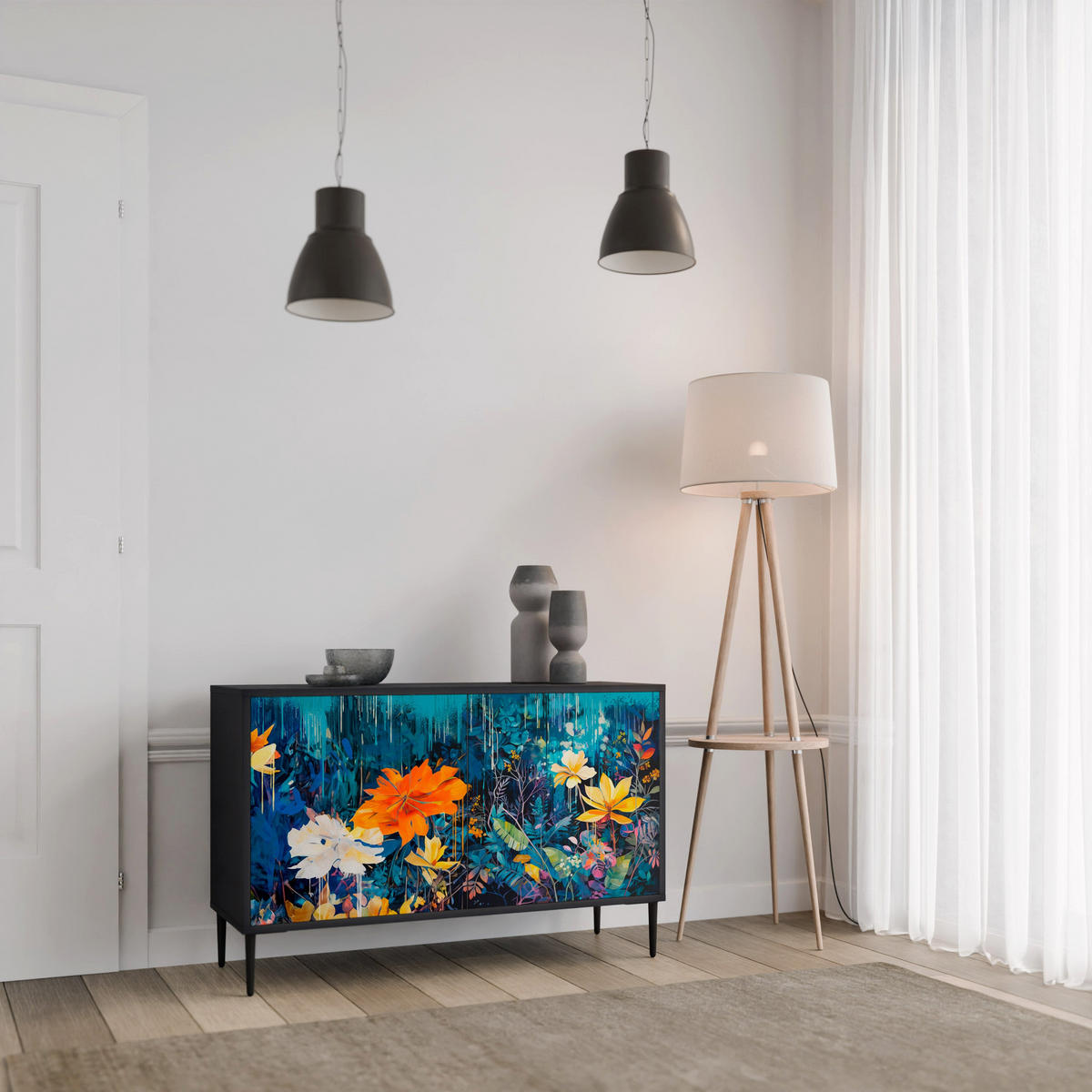 SIDEBOARD MIDNIGHT BLOSSOM, Eicheneffekt, 111x42x77,5 cm, 2 Türen - Eichefarben/Buchefarben, Holzwerkstoff/Buchenholz (111/77.5/42cm) - SpaceRebels