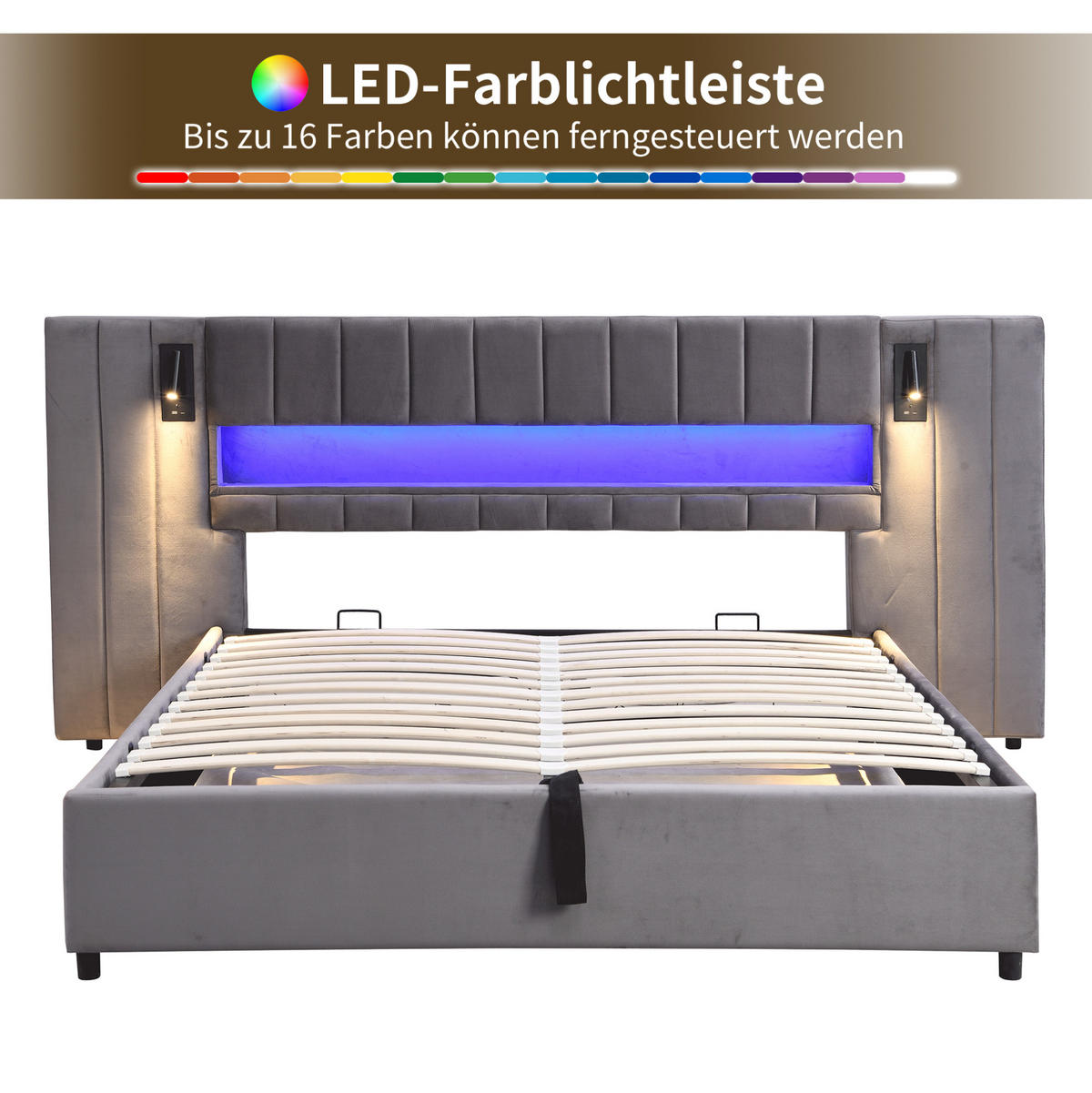 POLSTERBETT 180/200 cm Grau aus Samt mit Stauraum, LED-Beleuchtung und USB - Grau, Textil (180/200cm) - Flora Grace