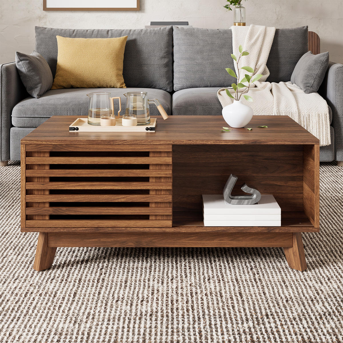 COUCHTISCH Retro Walnuss höhenverstellbar Jalousie modern - Walnussfarben, Holzwerkstoff (90/55/57.5cm) - FLIEKS
