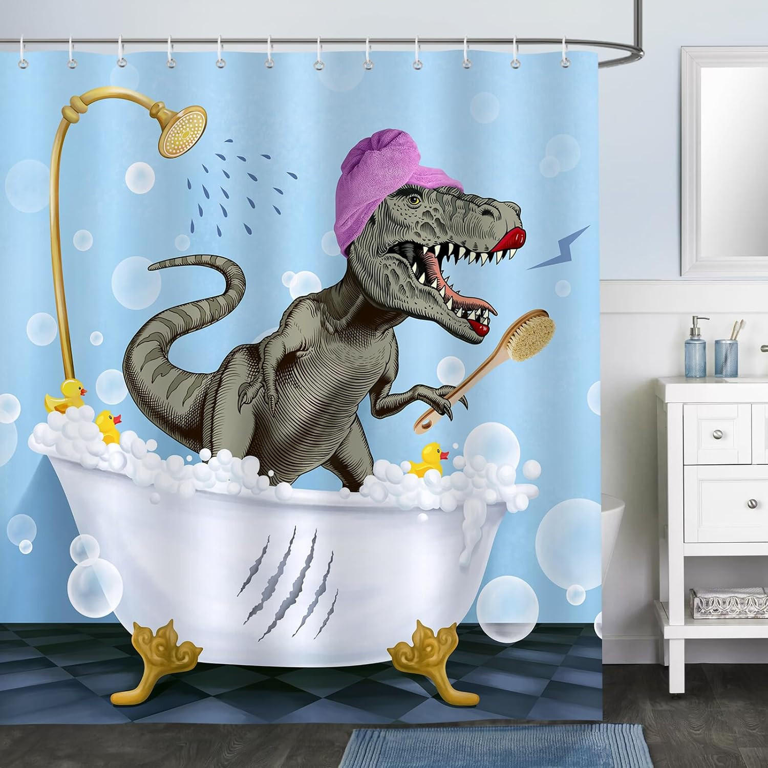 DUSCHVORHANG Dinosaurier lustig 180 x 180 cm Polyester schimmelresistent wasserdicht waschbar Badezimmer - Blau, Textil (180/180cm) - MCBOSON