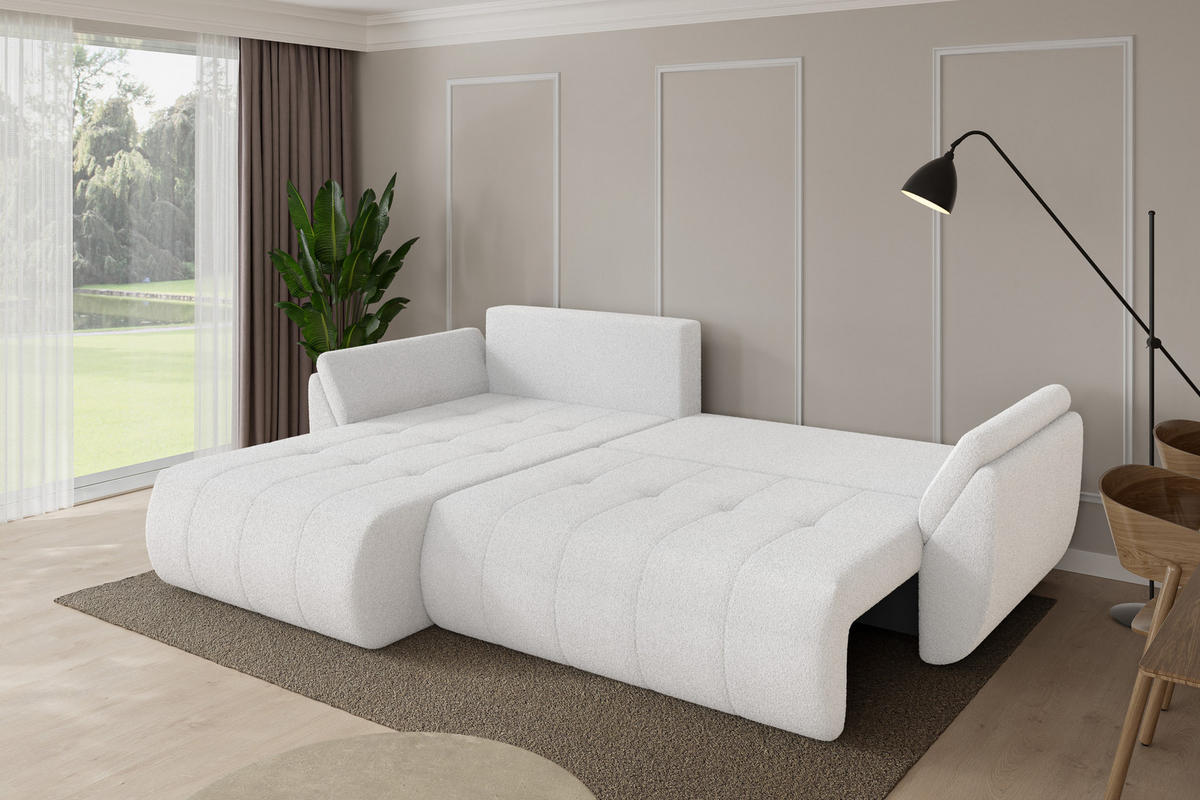 ROHOVÁ SEDAČKA s funkcí spaní, otoman vlevo TOKO-L 277x194x86 bílá bouclé - bílá/černá, kompozitní dřevo/textil (277/194cm) - ALTDECOR