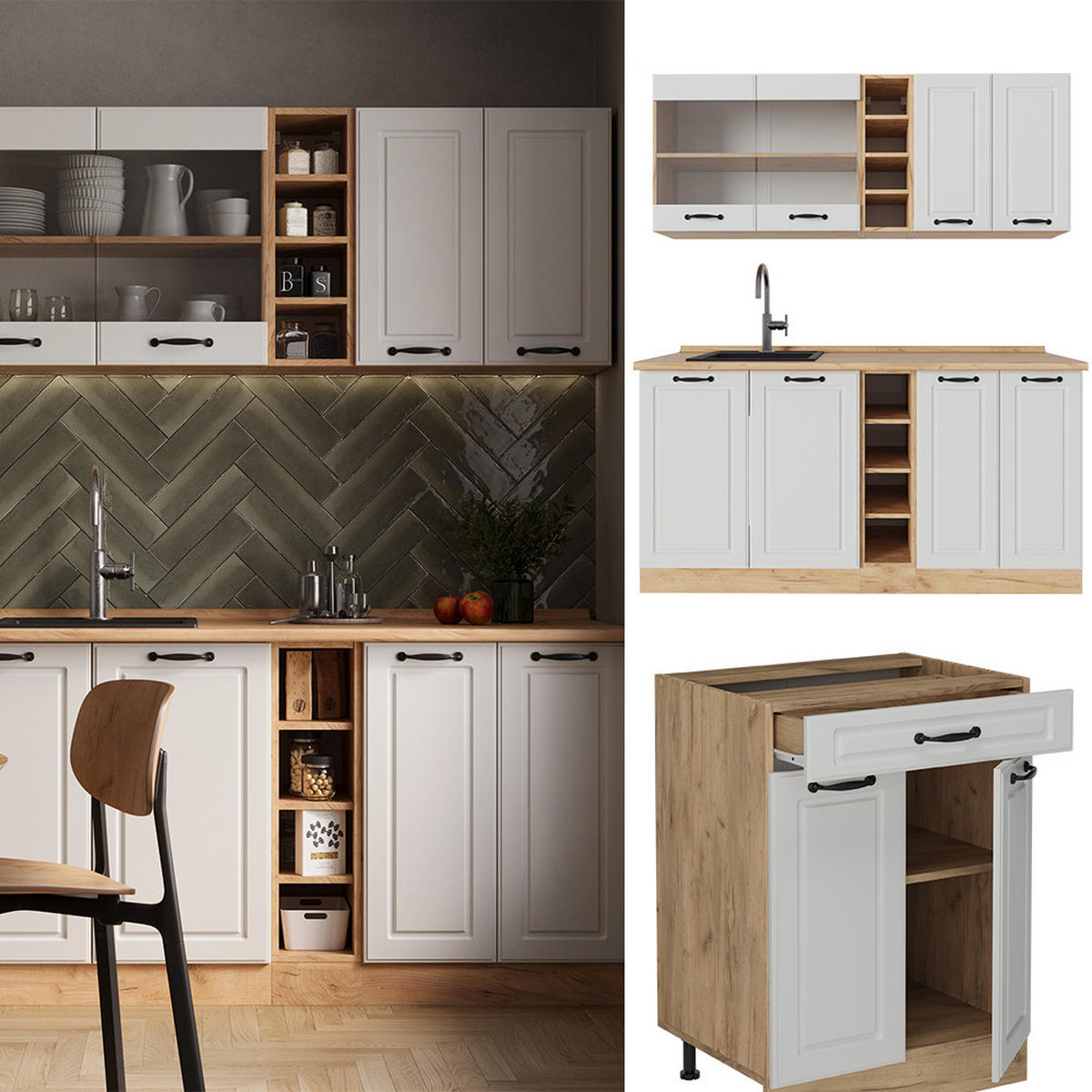 SINGLEKÜCHE R-Line Weiß Landhaus/Goldkraft Eiche 160 cm ohne Arbeitsplatte - Eiche Wotan/Creme, Holzwerkstoff (160/81.6/46cm) - Vicco