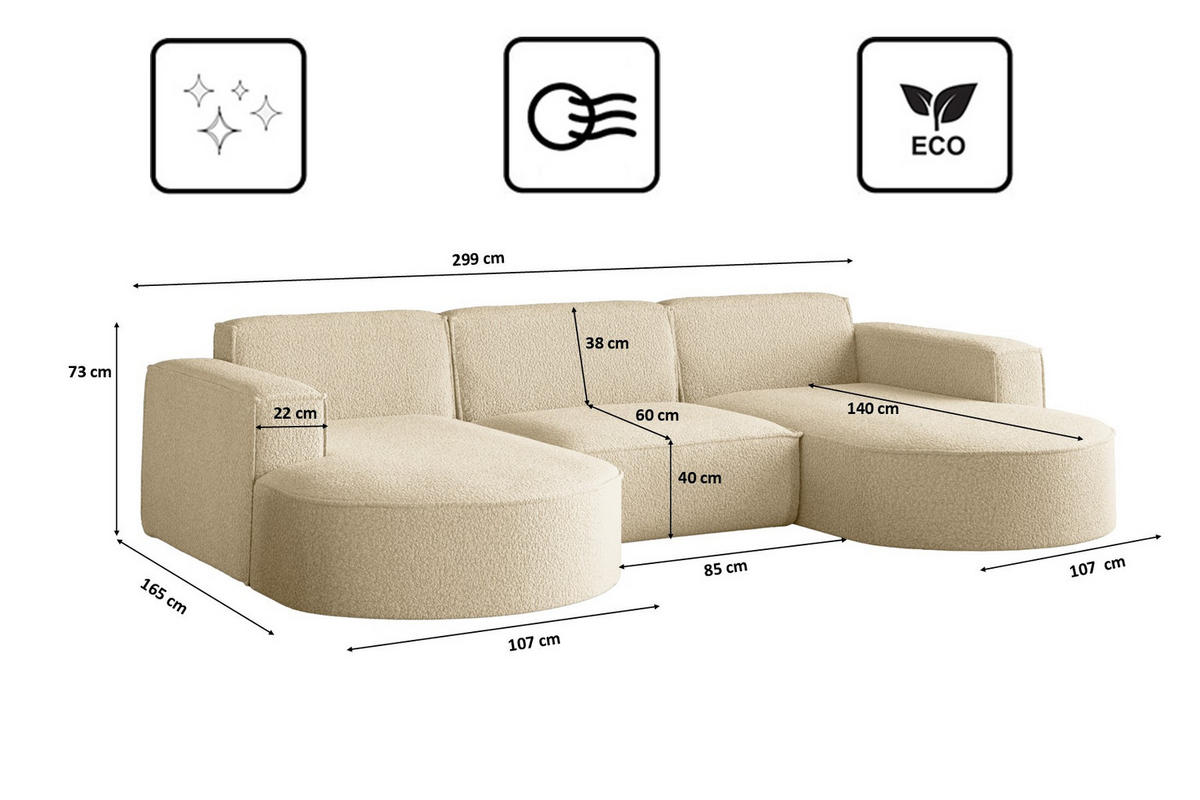 ECKSOFA, Modena U-Form, Stoff Quelle, Ecru - Ecru, Holz (299/165cm) - Kaiser Möbel