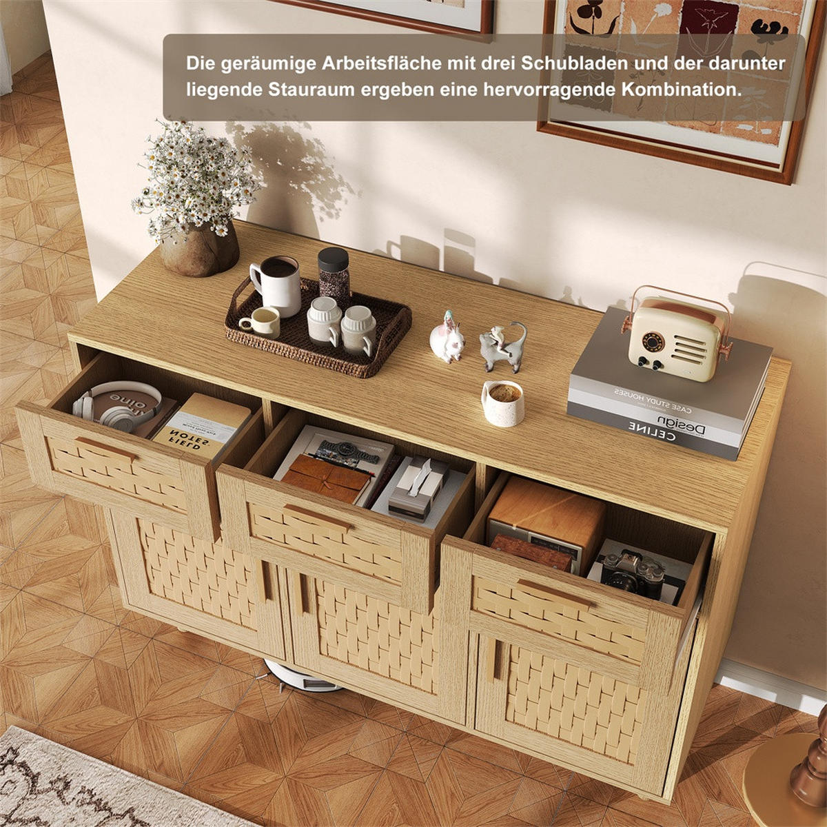 SIDEBOARD mit 3 Schubladen und 3 Türen - natürliche Geflecht-Optik und feine Metallgriffe - Eiche-Optik - Eichefarben, Holzwerkstoff (107.9/80/40cm) - DELFA