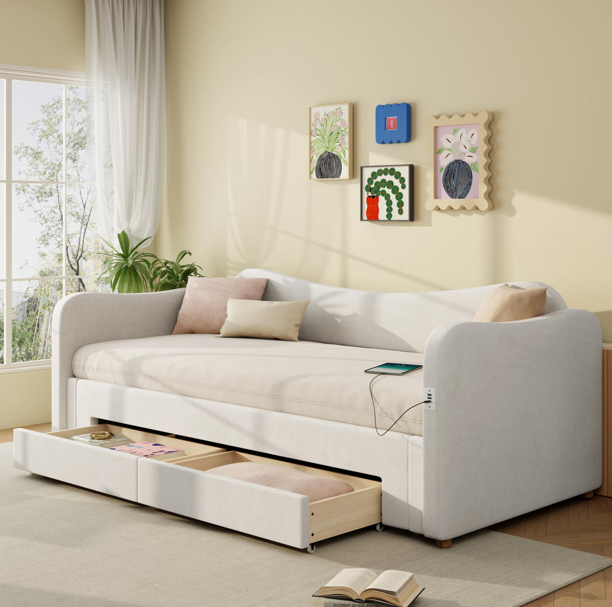 POLSTERBETT 90/200 cm Beige aus Samt mit Ausziehfunktion - Beige, Textil - OKMYHOME