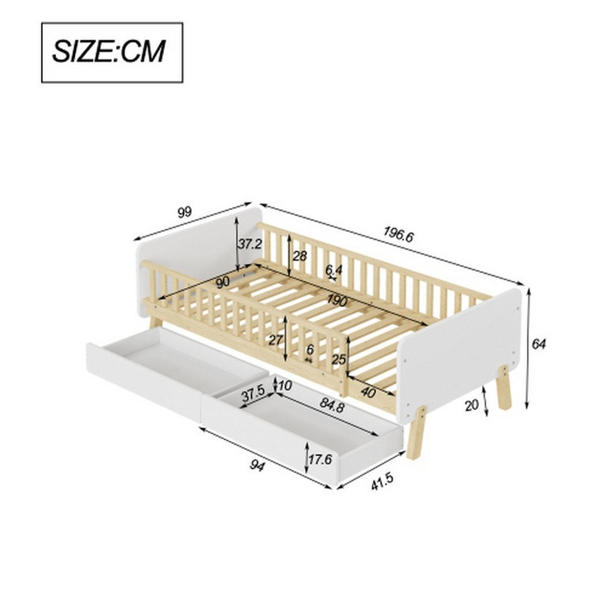 KINDERBETT 90x190 mit 2 Schubladen, Einzelbett aus Massivholz mit Lattenrost, weiß - Weiß, Holz (90/190cm)