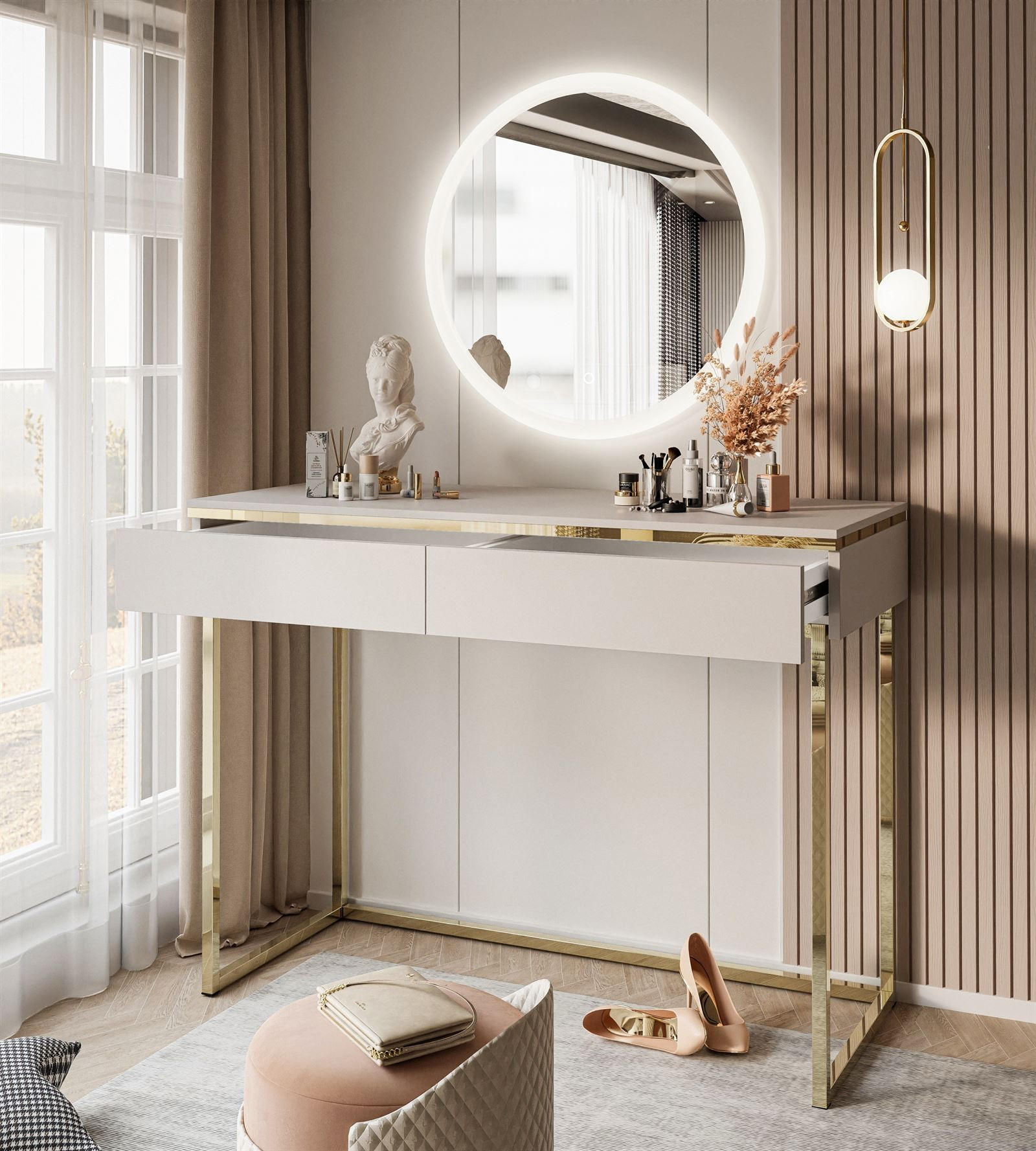 Thumbnail - Lookway Schminktisch, Kaschmir, Holzwerkstoff, Uni, 2 Schubladen, Rechteckig, 102x79x44 cm, Schlafzimmer, Schminktische