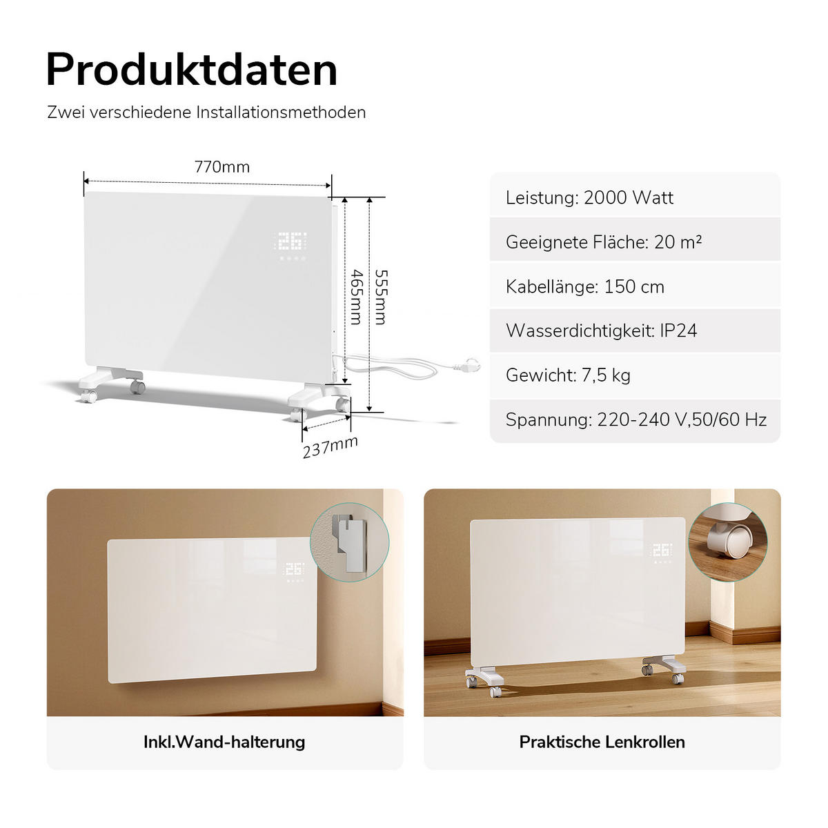 GLASHEIZUNG Weiß 77/46,5/23,7 cm - Weiß, Glas/Metall (77/46/24cm) - EMKE