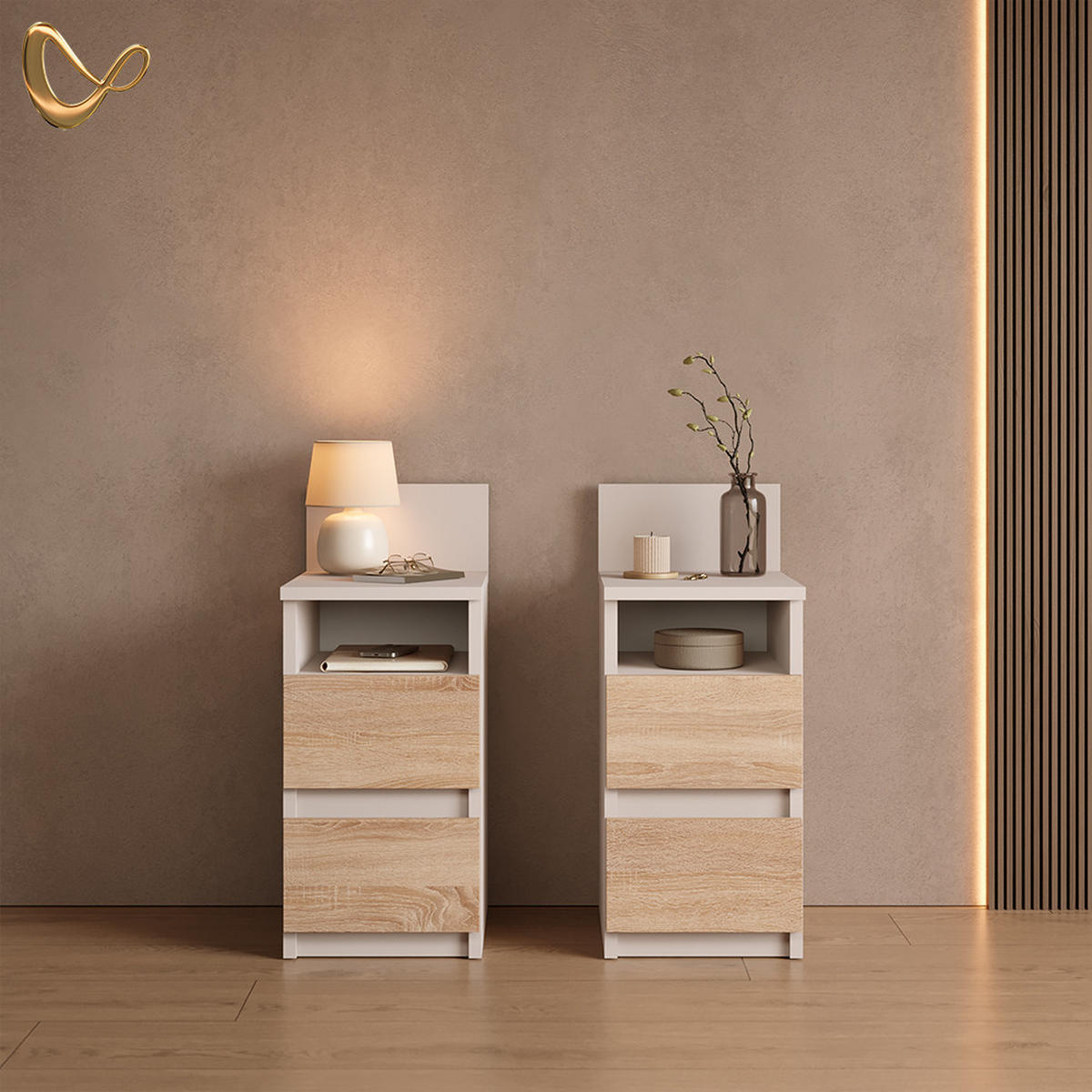 NACHTTISCH Roya, Weiß/Sonoma, 25 x 59.1 cm mit 2 Schubladen - Weiß/Sonoma Eiche, Holzwerkstoff (25/59.1/32.3cm) - Livinity®