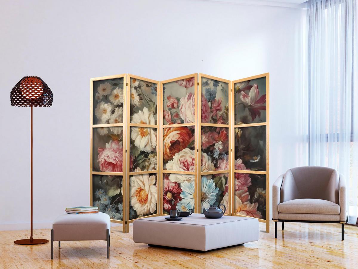 PARAVENT Japanischer 5-tlg 225x172 cm Bunte Blumen - Multicolor, Holz/Textil (225/172/3cm) - Muralo