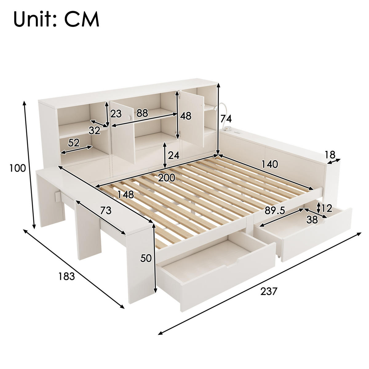 STAURAUMBETT 140/200 cm werkstoff mit USB-/USB-C-Anschlüssen, Leselicht und Schubladen, Weiß - Weiß, Holzwerkstoff (140/200cm) - Redom