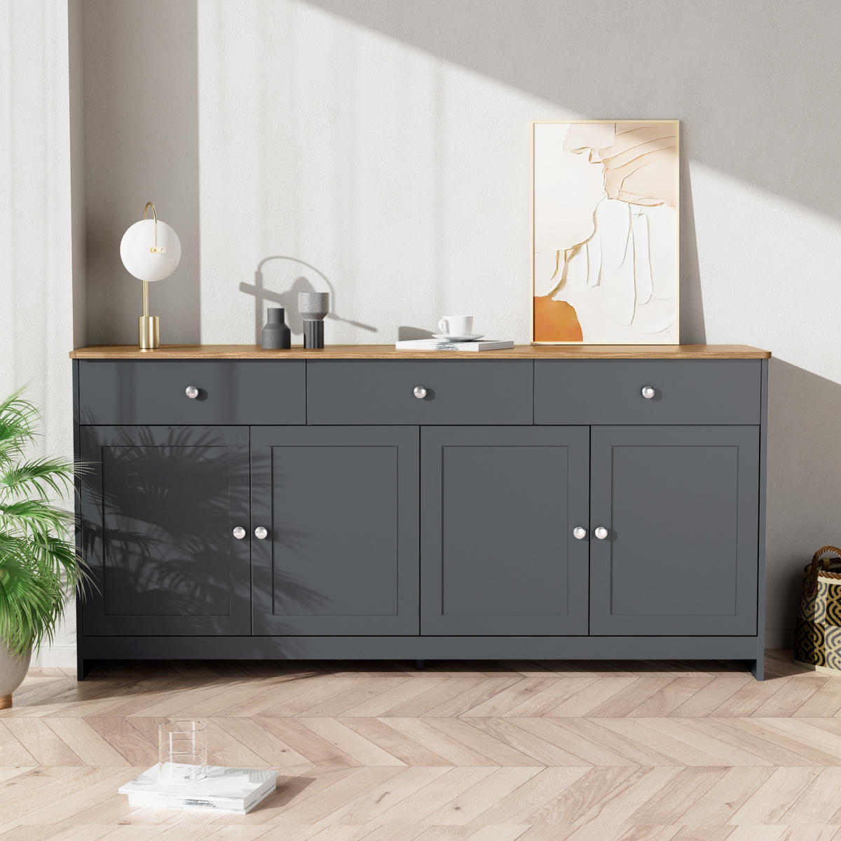 SIDEBOARD in Grau Kommode mit Holzmaserung, 4 Türen und 3 Schubladen für Wohnzimmer und Esszimmer, B160/T37/H75cm - Schwarz/Grau, Holzwerkstoff/Metall (160/75/37cm) - STILVORA