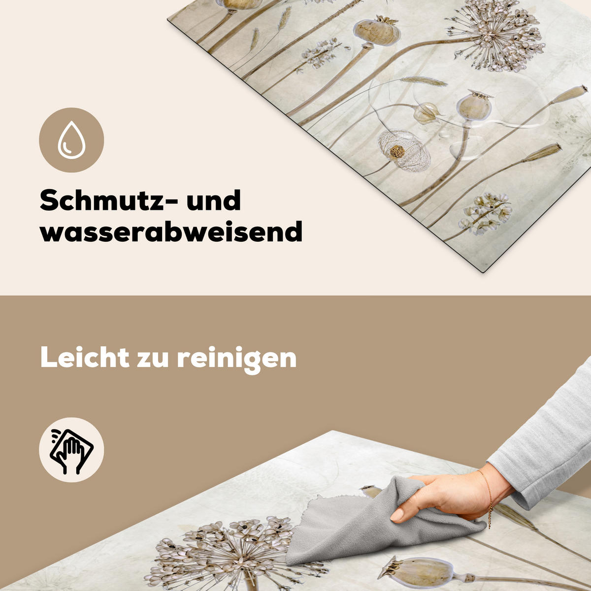 HERDABDECKPLATTE Blumen - Aquarell - Stilleben - Braun - Vintage 81x52 cm - Sandfarben, Kunststoff (81.2/0.2/52cm) - MuchoWow