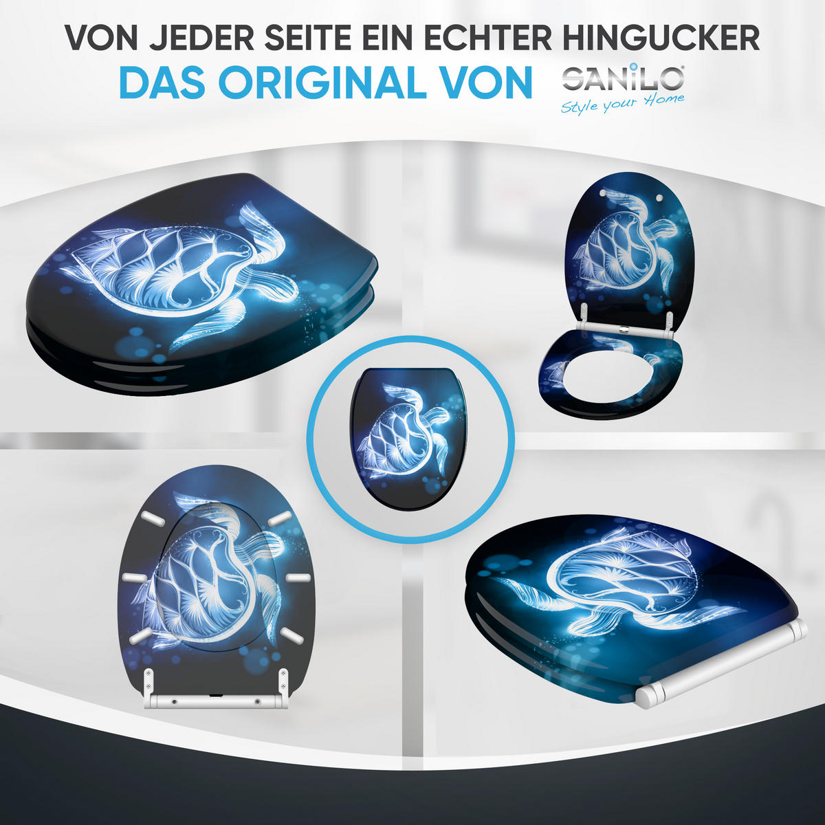 WC-SITZ mit Absenkautomatik & Top Fix Glow Turtle - Blau, Holzwerkstoff (37.7/5.5/48cm) - Sanilo