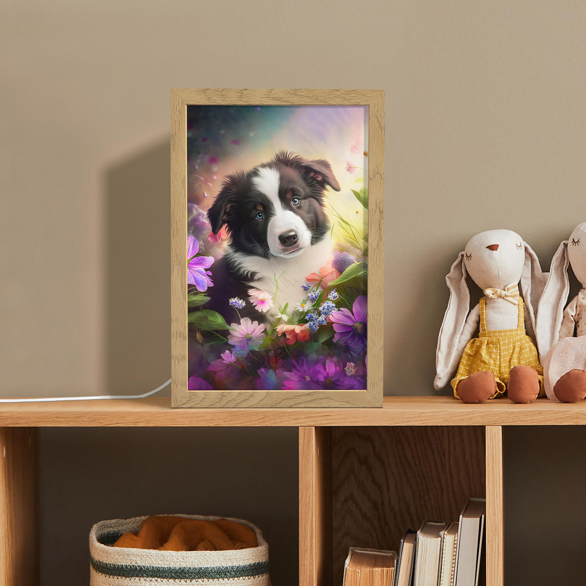 NACHTTISCHLAMPE Welpe - Sonne - Blumen - Natur - Border Collie - Hund 20x30 cm - Violett, Holzwerkstoff (8/20/30cm)