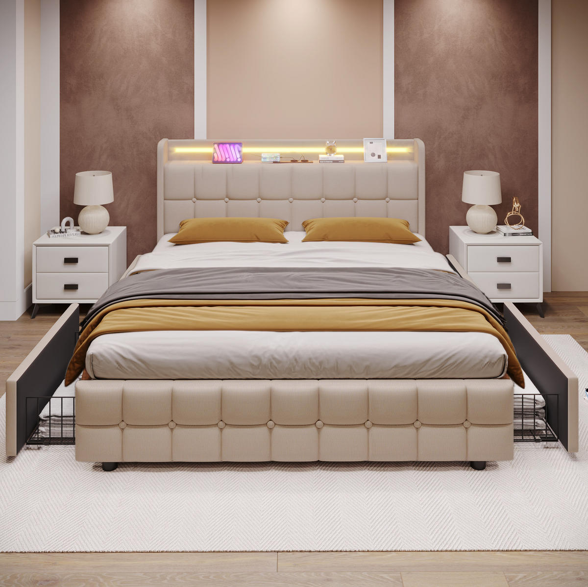 ČALOUNĚNÁ postel 180/200 cm s LED osvětlením, USB zásuvkami a 4 zásuvkami, Béžová - béžová, dřevo (180/180cm) - Redom