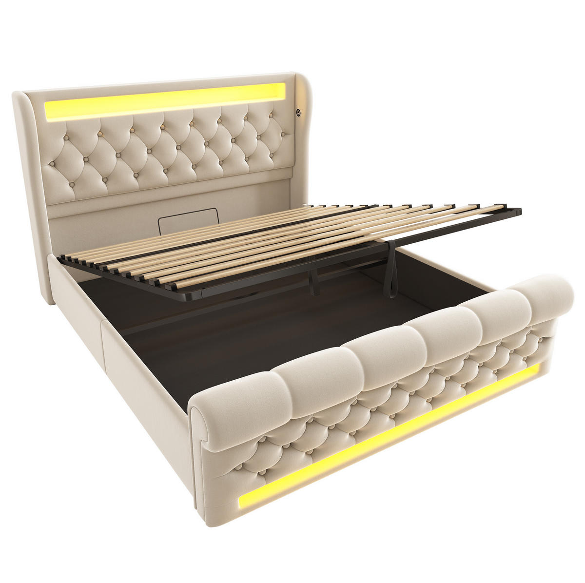 POLSTERBETT 140/200 cm Beige mit LED-Beleuchtung, Stauraum und USB- und Type-C-Anschlüssen - Beige, Textil (140/200cm) - Flora Grace