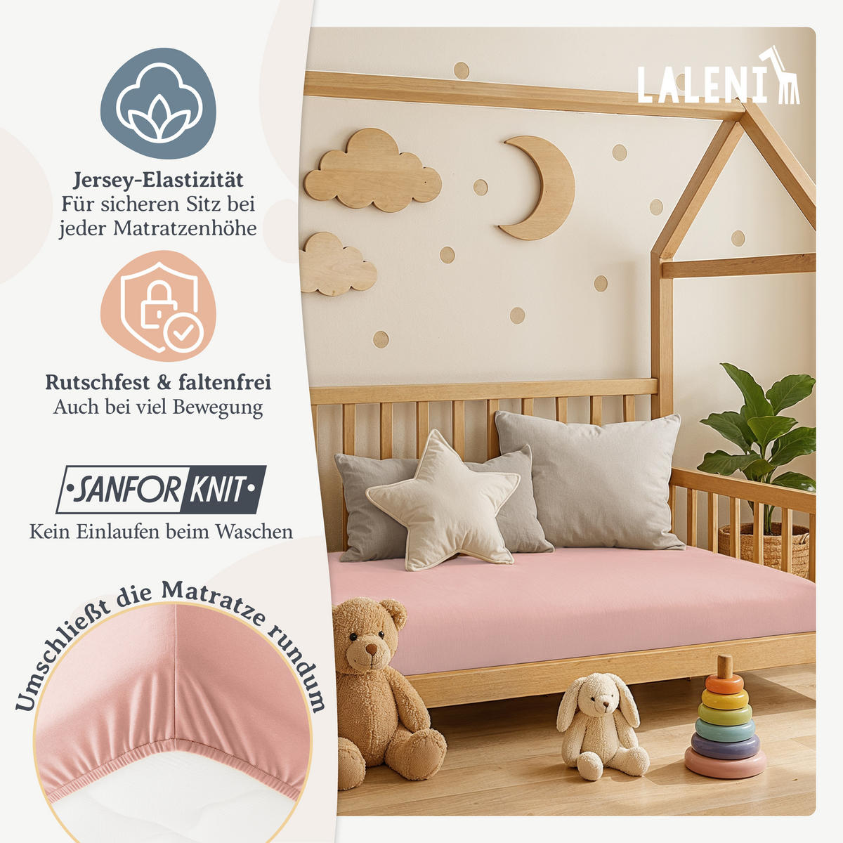 SPANNBETTLAKEN für Beistellbett & Stubenwagen – 100% Baumwolle, Atmungsaktiv & Weich, 50x89x10 cm, Rosa - Rosa, Textil (50/89cm) - Laleni
