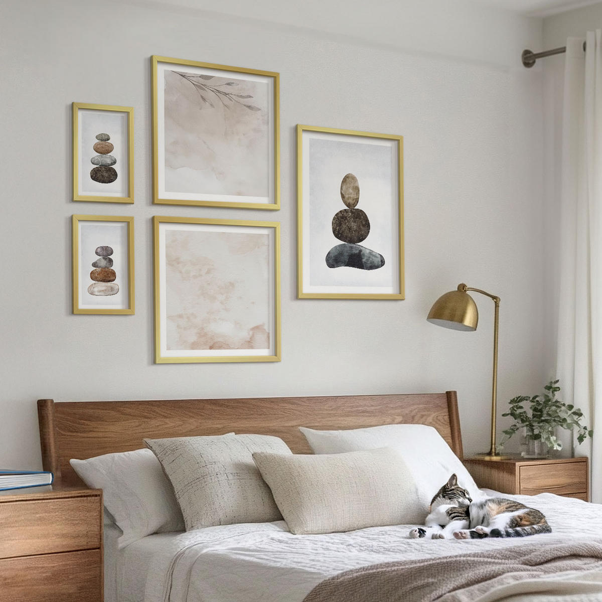 BILDER SET 5er Set - 50x50 cm & 20x30 cm & 40x60 cm Goldrahmen - Steinstapel-Boho-Malerei - Goldfarben, Kunststoff (40/60cm) - TULUP