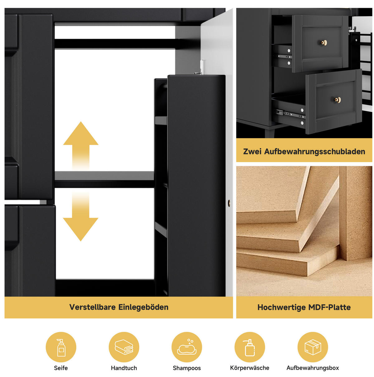 WASCHTISCHKOMBI 76/46/86,5 cm schwarz aus MDF mit Keramikbecken und Soft-Close-Türen - Schwarz, Keramik (76/86.5/46cm) - OKWISH