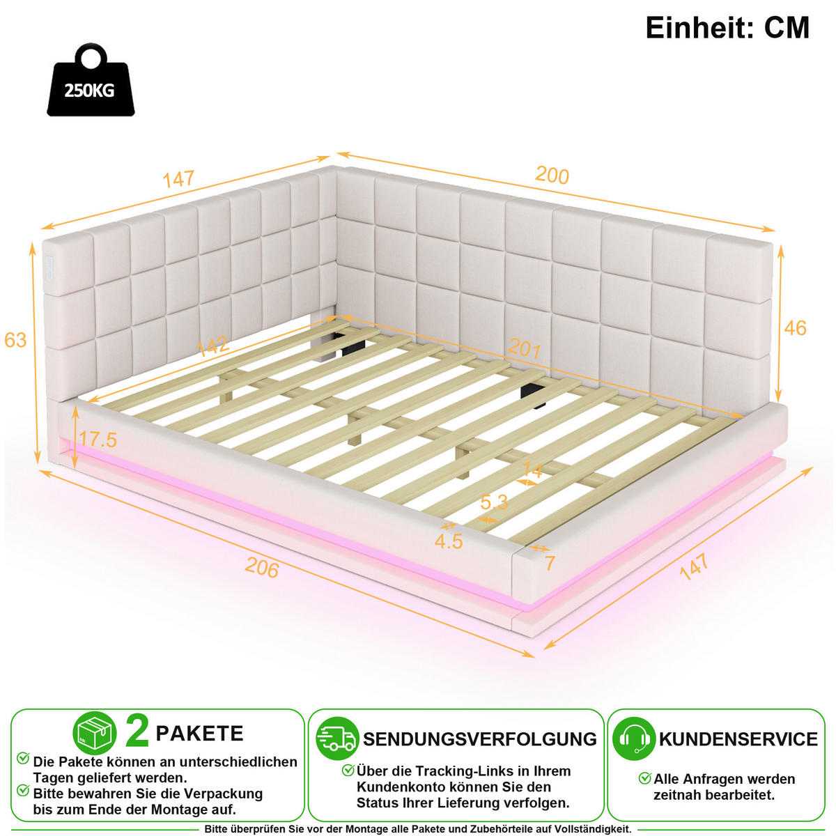 SCHLAFSOFA 140/200 cm in Beige Leinen mit LED und USB - Beige, Holzwerkstoff/Textil (140/200cm) - CHICFURN