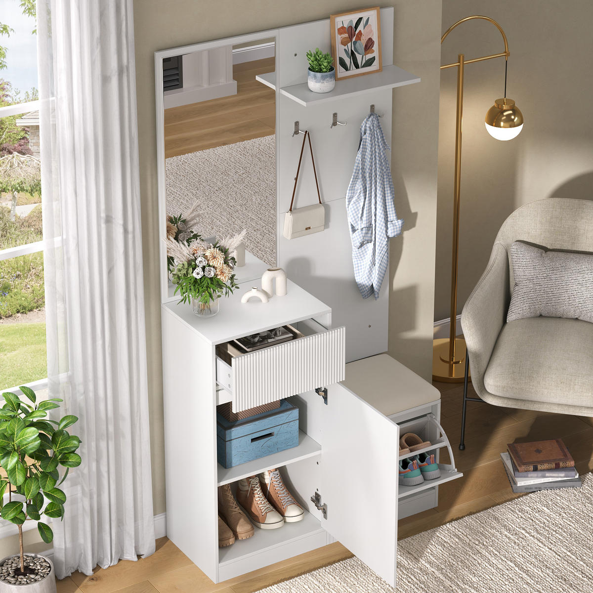 GARDEROBE mit Spiegel, Schuhschrank, Schuhbank und LED - Weiß, Holzwerkstoff (105/190/38cm) - FLIEKS