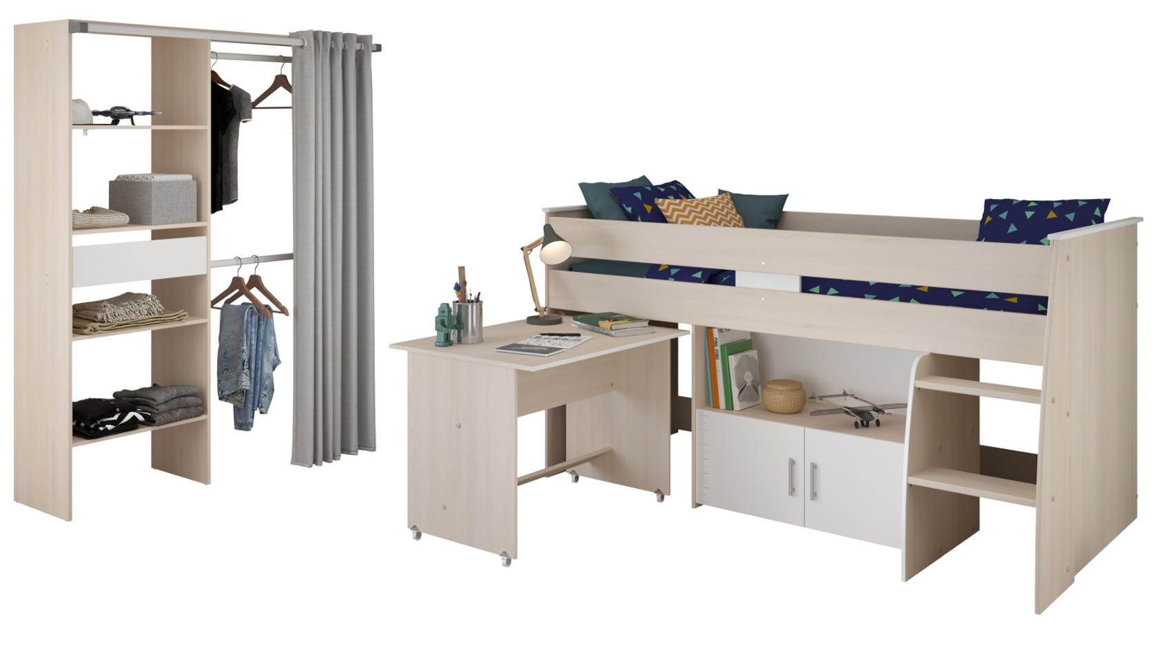 KINDERZIMMER-SET 2-teilig Akazie, weiß, Jugendzimmer mit Hochbett - Eichefarben/Silberfarben, Holzwerkstoff/Kunststoff (206/182/114cm) - Parisot Meuble