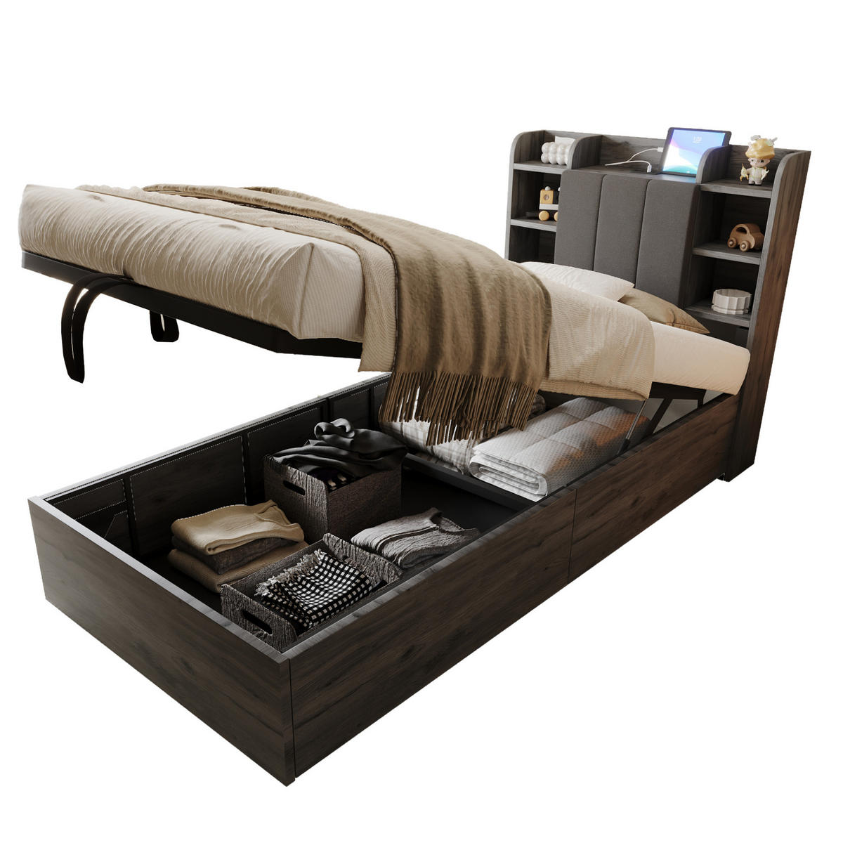 JUGENDBETT Einzelbett 90/200 cm aus MDF mit hydraulischem Stauraum und USB-Tape-C-Anschluss Grau/Holzfarben - Grau, Holzwerkstoff (90/200cm) - Modenvie