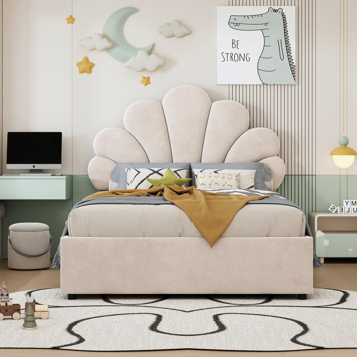 KINDERBETT 90/200 cm Beige aus Samt mit Stauraum und floralem Kopfteil - Beige, Textil (90/200cm) - Flora Grace