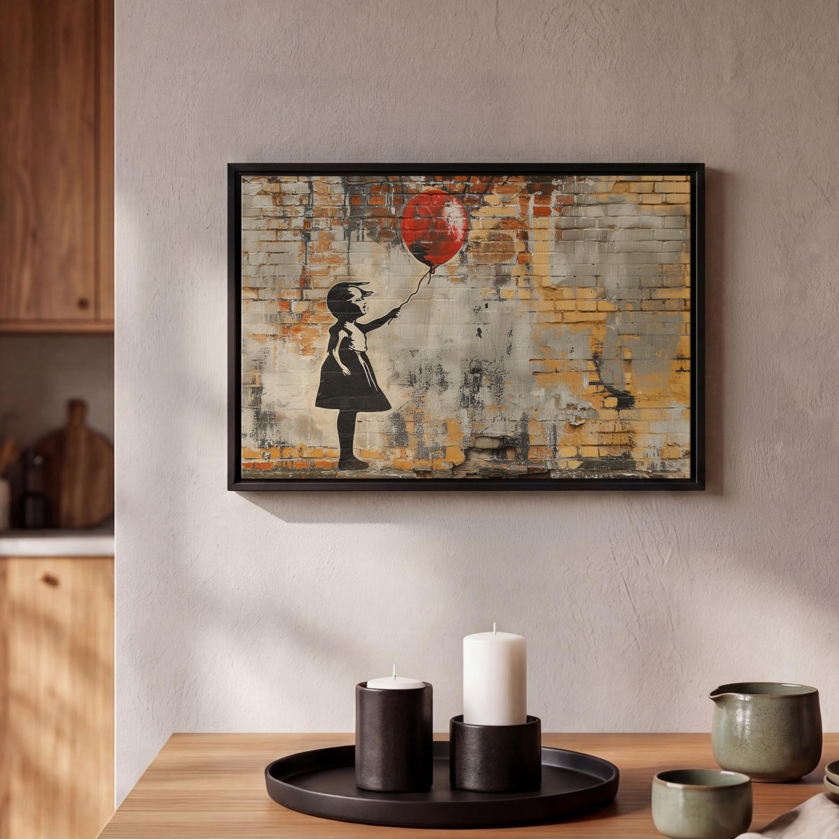 LEINWAND Bilder mit Rahmen - Graffiti - Banksy - Mädchen - Straßenkunst - 30x20 - Sandfarben, Textil (30/20cm) - MuchoWow