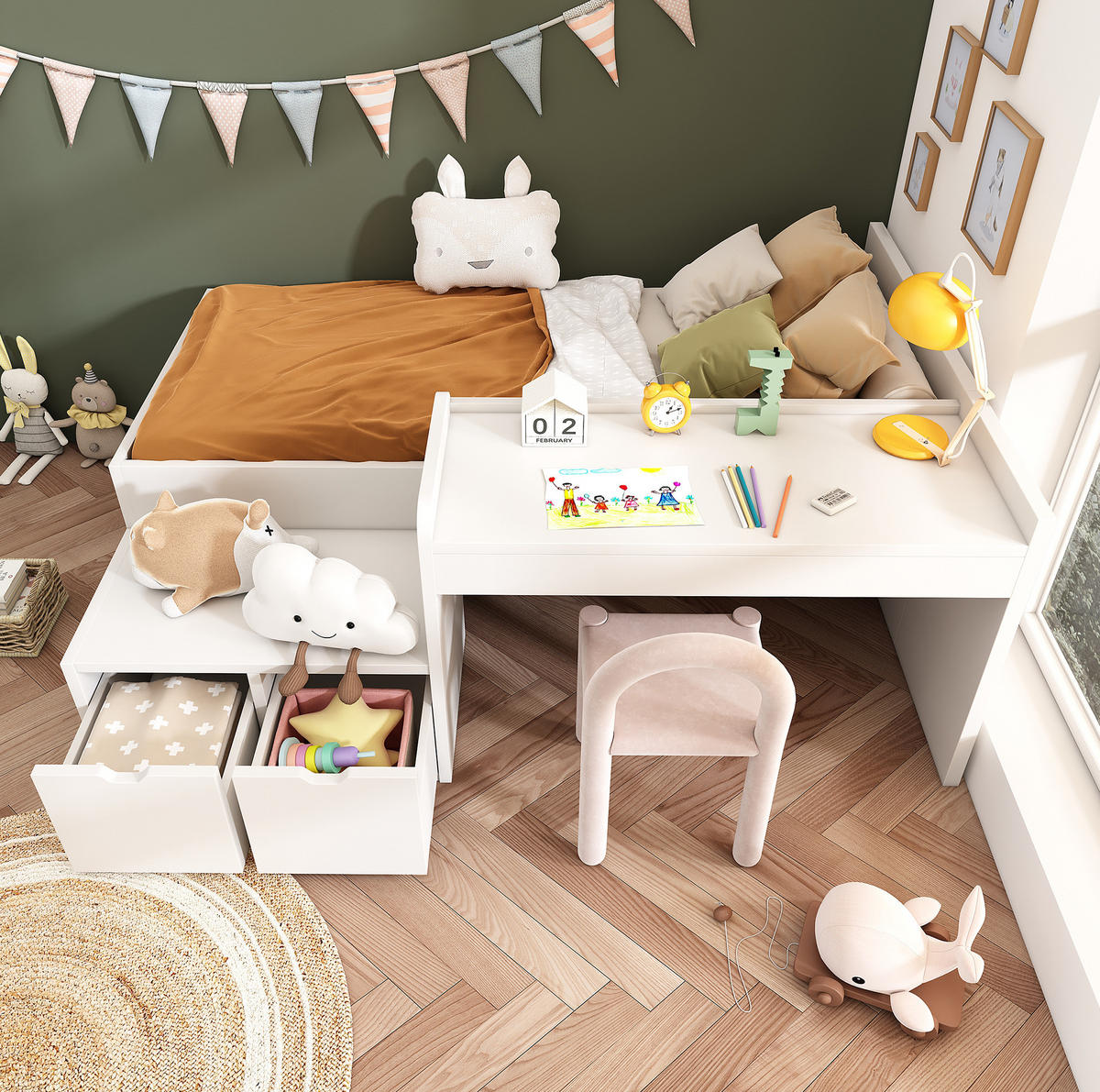 KINDERBETT 90/200 cm aus Kiefer-Massivholz und MDF mit Schreibtisch und 2 Schubladen Weiß - Weiß, Holzwerkstoff (90/200cm) - Modenvie