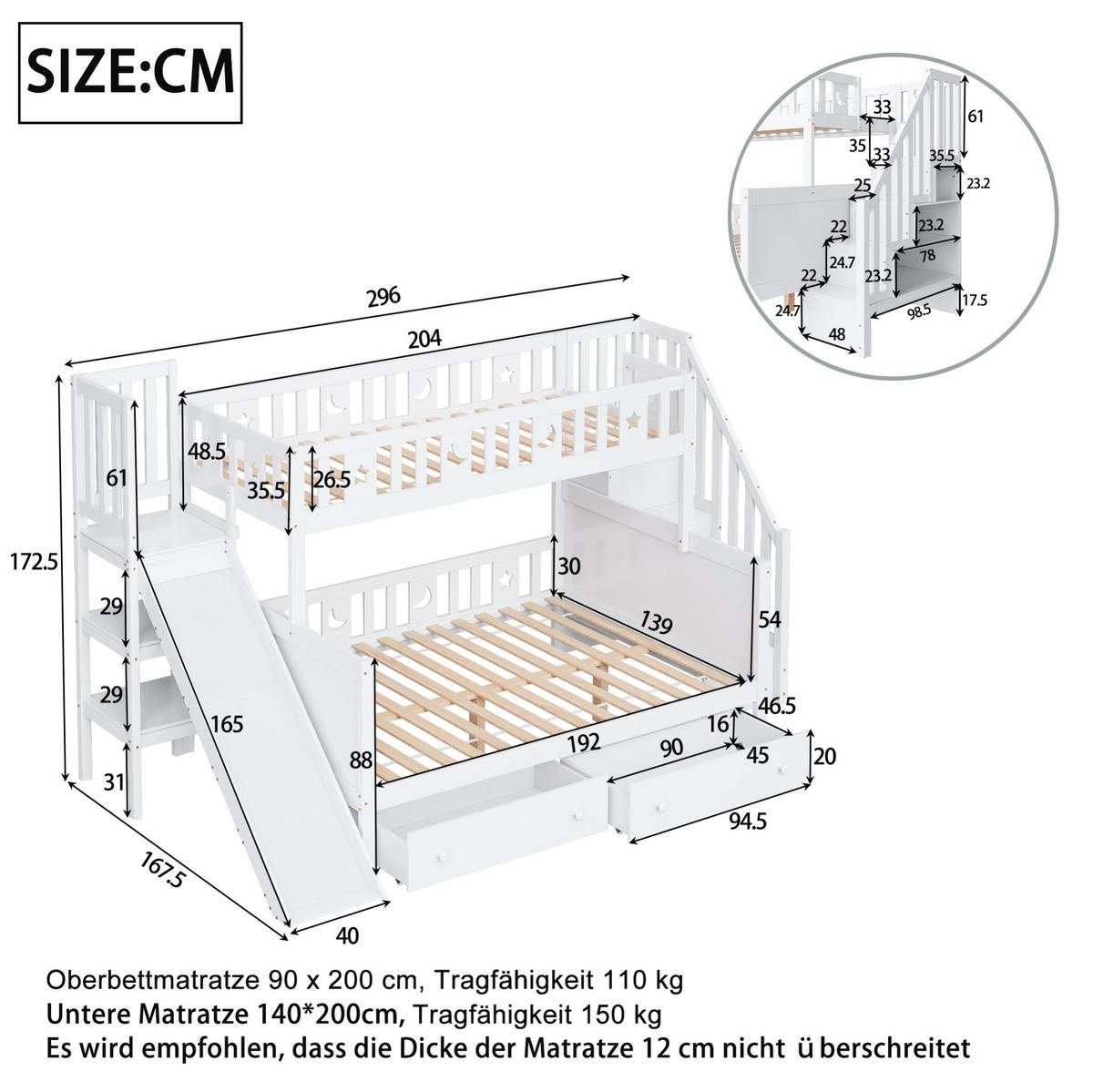 ETAGENBETT Kinderbett 90/200 & 140/200 cm aus Massivholz mit Rutsche, Leiterregal und 2 Schubladen Weiß - Weiß, Holz (90/140cm) - Modenvie