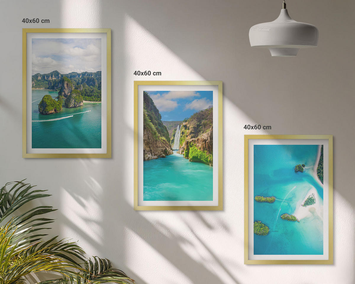 WANDBILDER 3er Set - 40x60 cm Goldrahmen - Tropische Inseln, türkisfarbenes Wasser - Goldfarben, Kunststoff (40/60cm) - ArtPrintCave