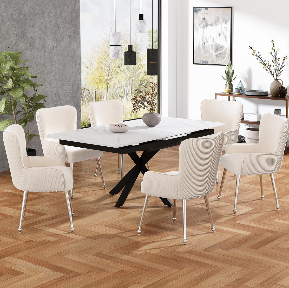 ESSZIMMERSTUHL 2er-Set Beige aus Samt mit Armlehnen - Beige, Textil (57/83/23cm)