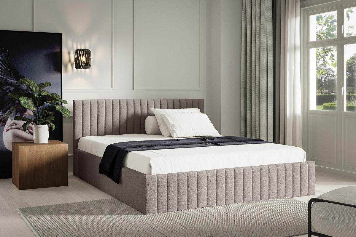 POLSTERBETT Sona Beige 90x200 cm, mit Bettkasten und hohem Kopfteil - Beige, Holzwerkstoff/Textil (90/200cm) - Bettso