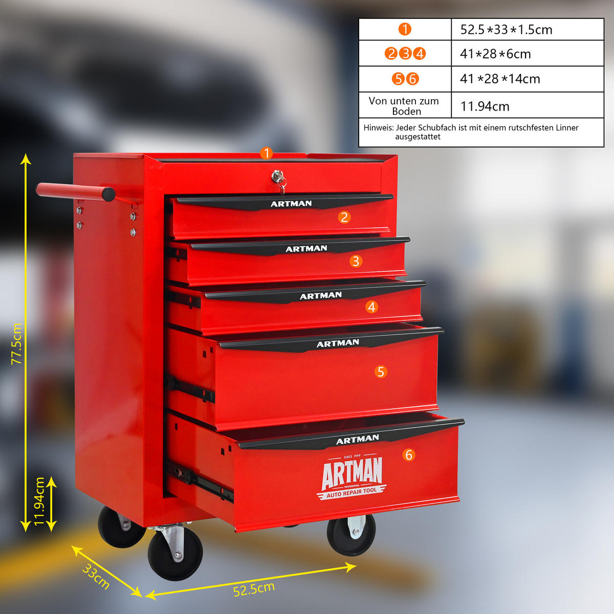 KOMBINATIONSKOFFER – 5 Schubladen, 508 mm (20 Zoll), mit 5 Schubladen; Farbgebung in Rot und Schwarz. - Multicolor, Metall (33/77.5/60cm) - DCA
