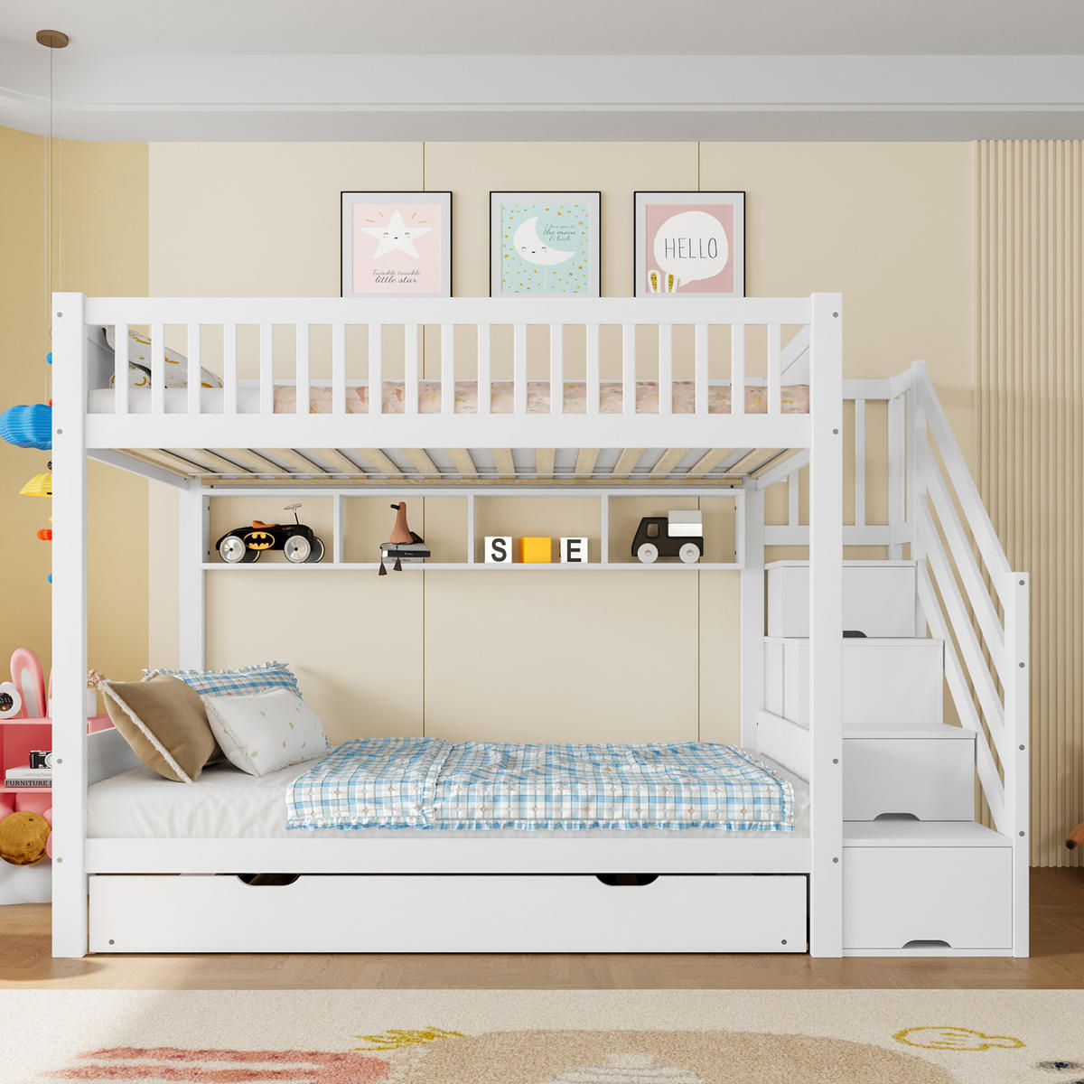 ETAGENBETT 90/200 cm mit Ausziehbett, Kleiderschrank, Regal und Stauraumtreppe aus Kiefern , Weiß - Weiß, Holzwerkstoff (90/200cm) - Redom