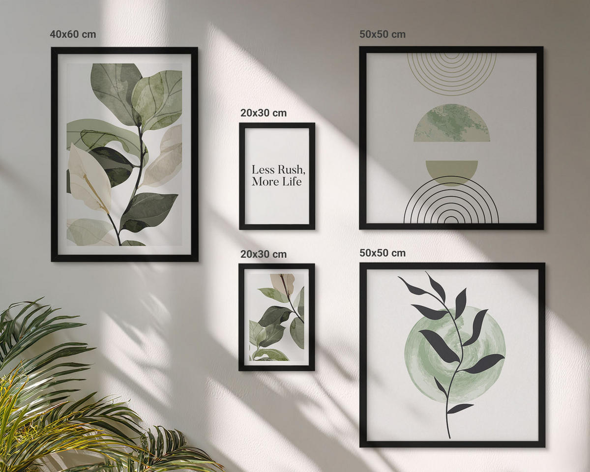BILDER SET 5er Set - 50x50 cm & 20x30 cm & 40x60 cm Schwarzer Rahmen - Geometrische Pflanzenformen - Schwarz, Kunststoff (40/60cm) - TULUP