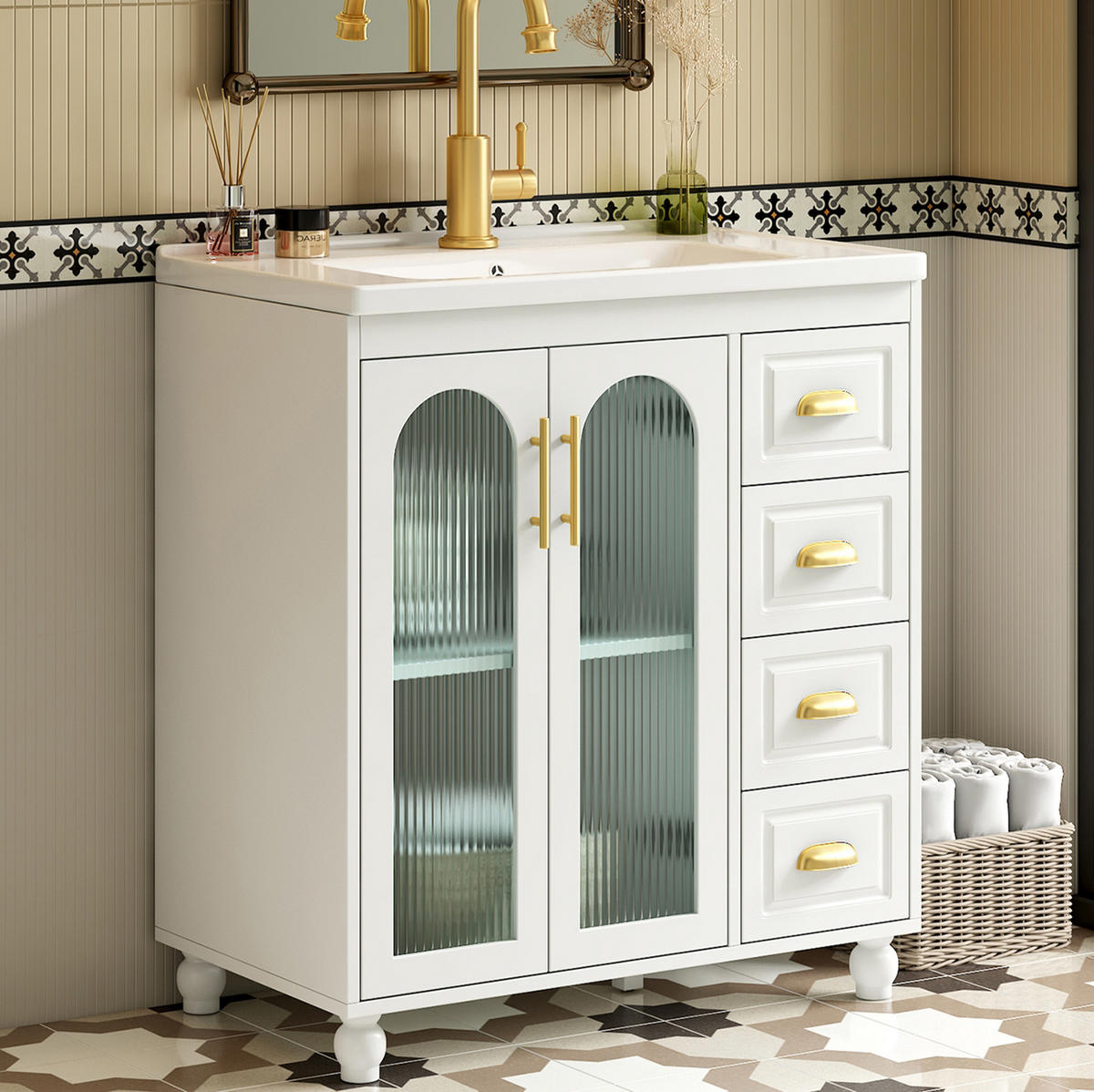 BADEZIMMERSCHRANK mit Becken 80x47x90 cm Weiß aus Porzellan & MDF mit 2 Schränken & 3 Schubladen - Weiß, Holzwerkstoff (80/90/47cm) - Modfu