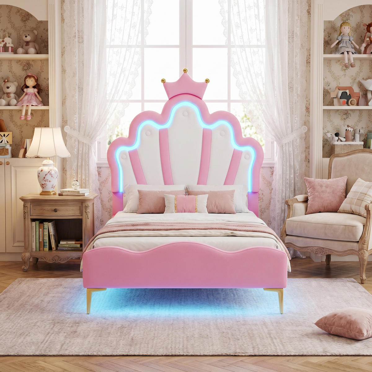 ČALOUNĚNÁ POSTEL 90x200 cm, princeznovský design, PU kůže s LED - růžová, kůže (90/200cm) - Urban Meuble