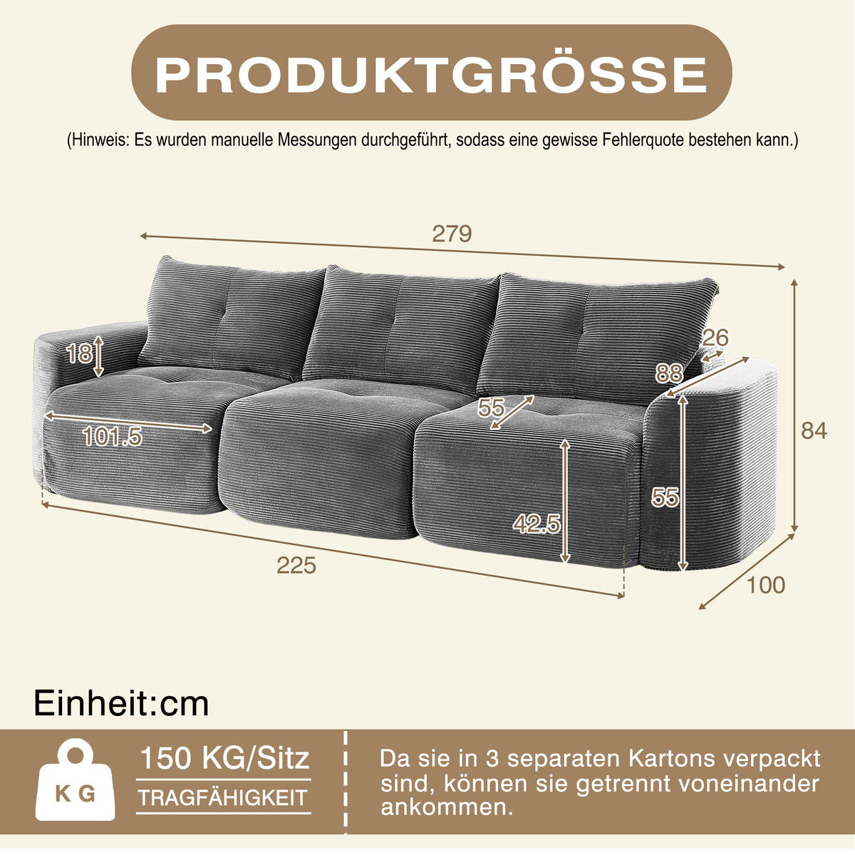 3-SITZER-SOFA 2+1 Wabi-Sabi Cord, DE-42909, Anthrazit - Grau, Textil (279/94/100cm) - ComfortXL