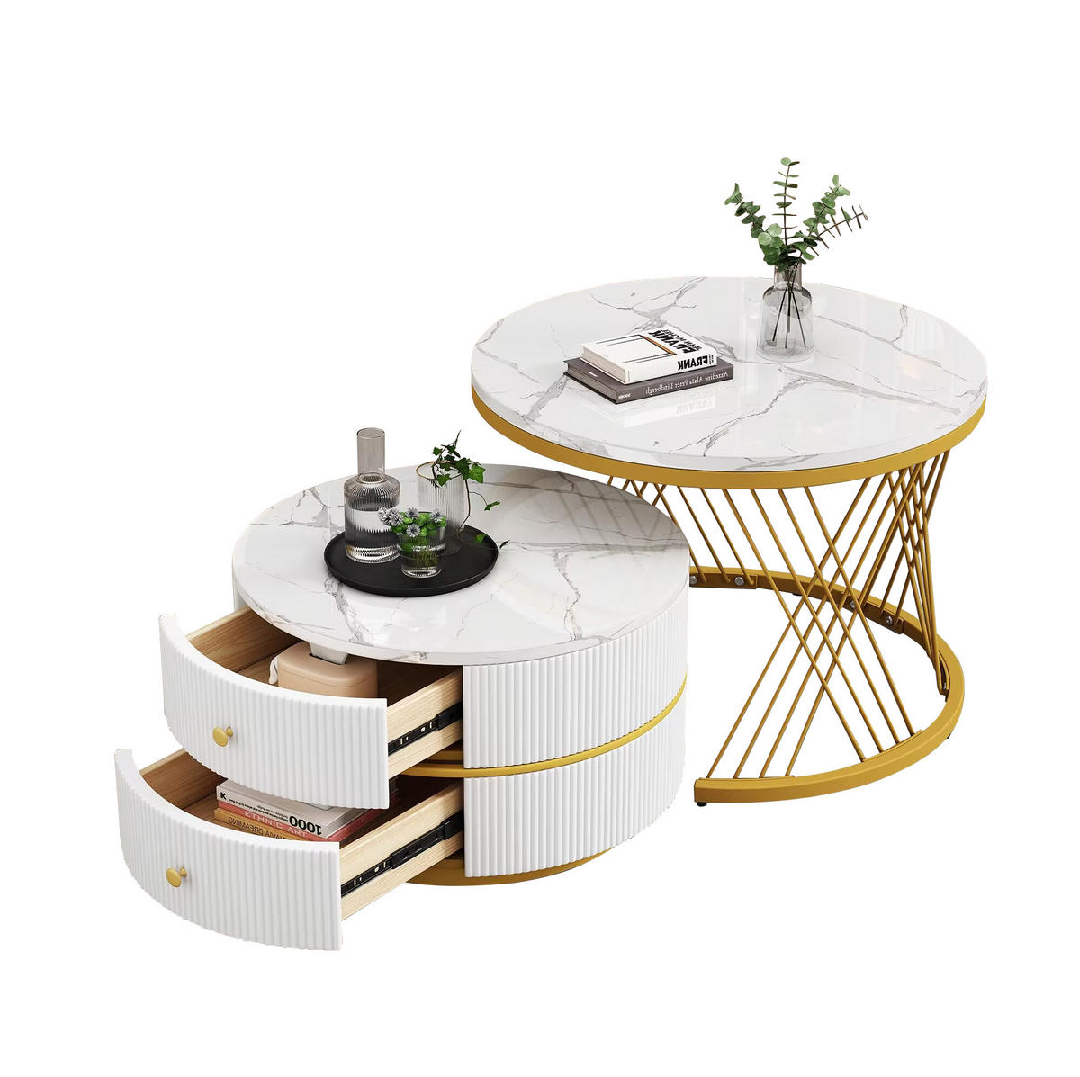 COUCHTISCH-SET 60/60/46 & 50/50/30,8 cm in Weiß mit Marmoroptik und 2 Schubladen - Weiß, Holzwerkstoff (60/60/46cm) - Flora Grace