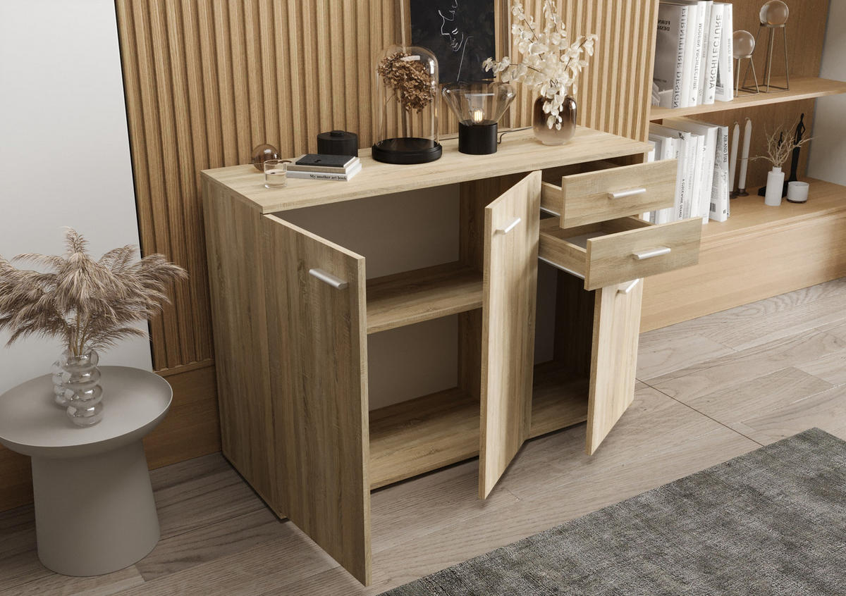 KOMMODE London LMK 3D2S mit 3 Türen, Sideboard in Farbe: Hellbraun, Größe: 106 x 75 x 35 cm - Hellbraun, Holzwerkstoff (106/75/35cm) - O-Sofa
