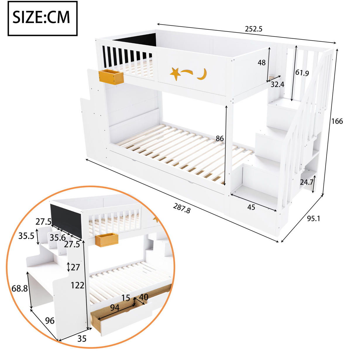 PATROVÁ postel 90/200 cm bílá z borovice se schody, psacím stolem a úložnými zásuvkami - bílá, kompozitní dřevo (90/200cm) - OKWISH