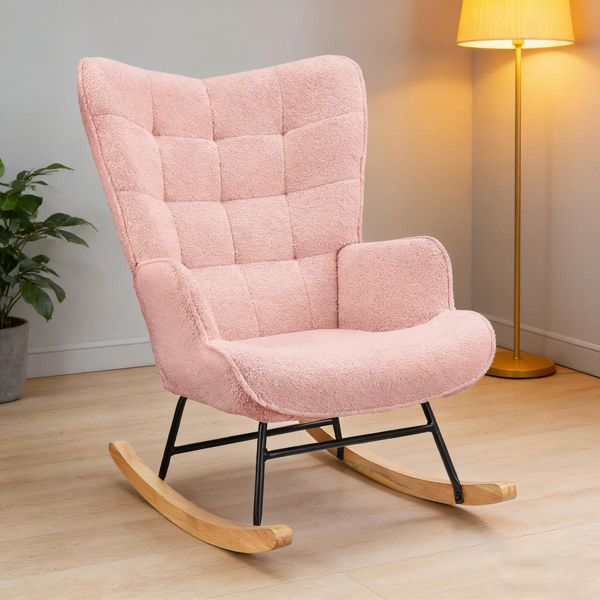 SCHAUKELSTUHL mit Metallgestell und Holzsockel, Teddystoff, Rosa - Pink, Holzwerkstoff (68/92/75cm) - BursDany
